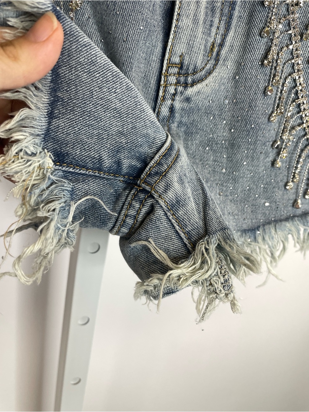 12th Tribe | Love Thing Rhinestone Fringe Denim Cutoff Shorts Size XS - Picture 4 of 9